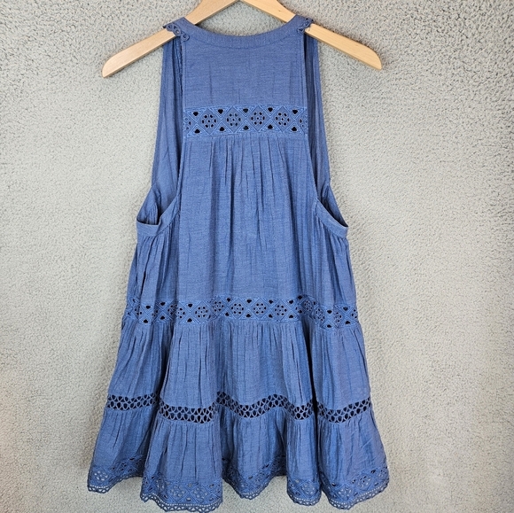 Free People Womens Tunic Sz S Blue Eyelet Trim Button Front Boho Beachy Vacation - Picture 9 of 13